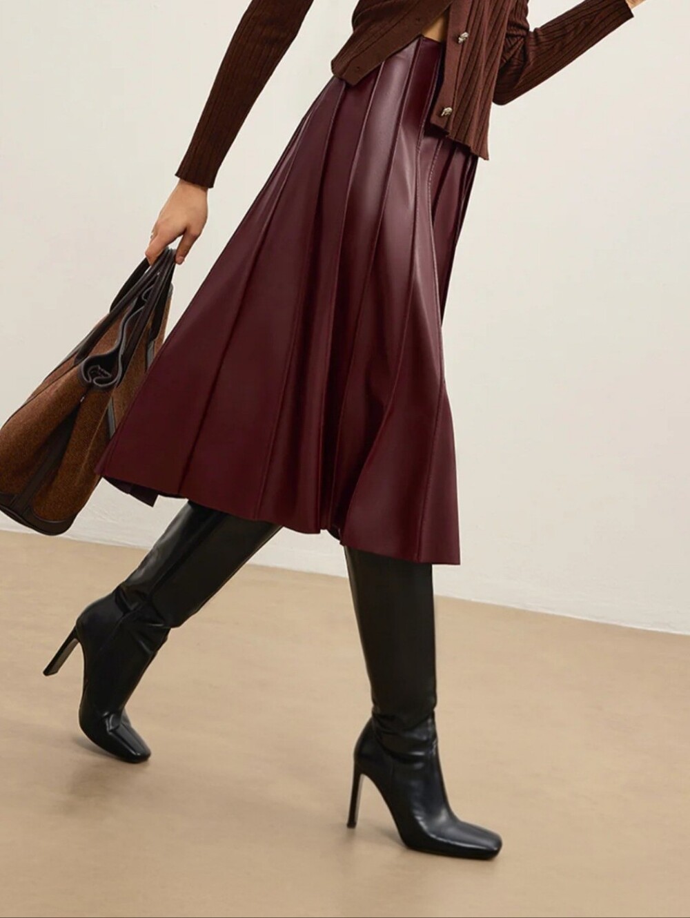 Commense Burgundy Faux Leather Pleated Midi Skirt Size Medium Chic Vegan Leather